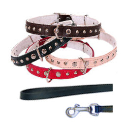 LEATHER COLLAR WITH SPIKES &amp; LEASH SET - RED ()