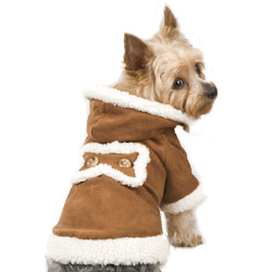 Sherpa/Suede Coat with hood  - Cognac