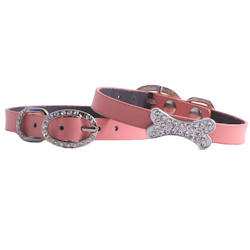 Leather collar with Bone Charm - Pink