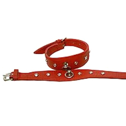 Leather Rhinestones Collar - Red with Rhinestones